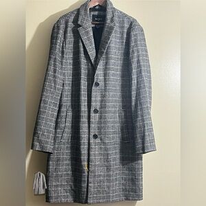 Forever 21 Men Plaid Long Coat Jacket Gray Checkered Wool Blend Size XL